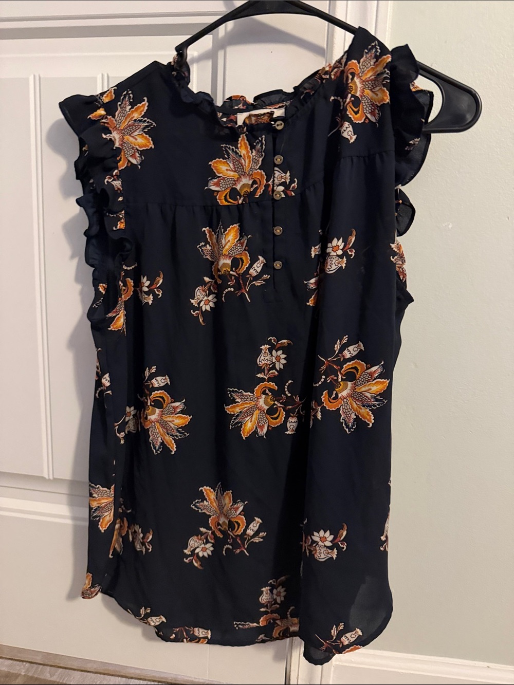 LOFT Black Sleeveless Floral Ruffle Blouse